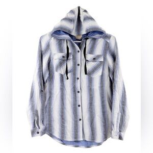 Boston Traders Coastal Blue Striped Hoodie Shirt Beachy Button Down Shacket L
